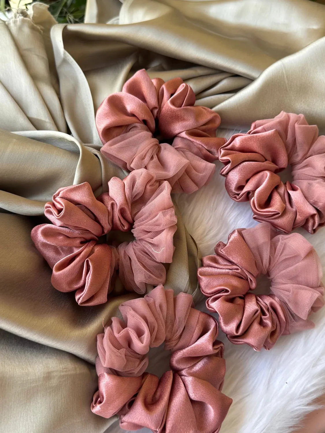 Bows and Bags India | Coral Pink - Elegant Rose Gold Satin- Net Scrunchie - L size | in use | handmade hair accessories India