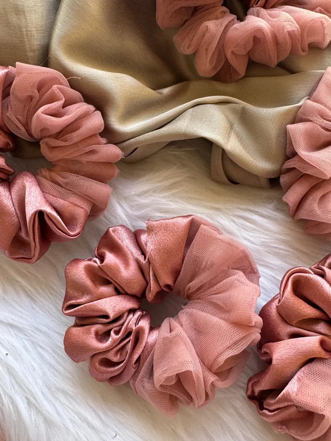 Bows and Bags India | Coral Pink - Elegant Rose Gold Satin- Net Scrunchie - L size | packaging | handmade hair accessories In