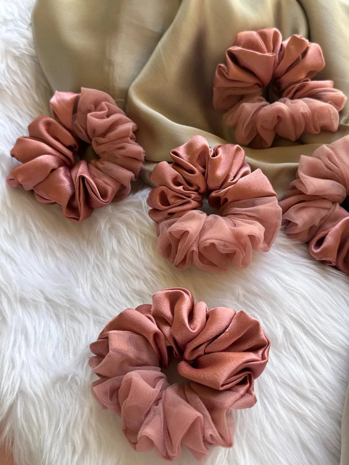Bows and Bags India | Coral Pink - Elegant Rose Gold Satin- Net Scrunchie - L size | texture closeup | handmade hair accessor