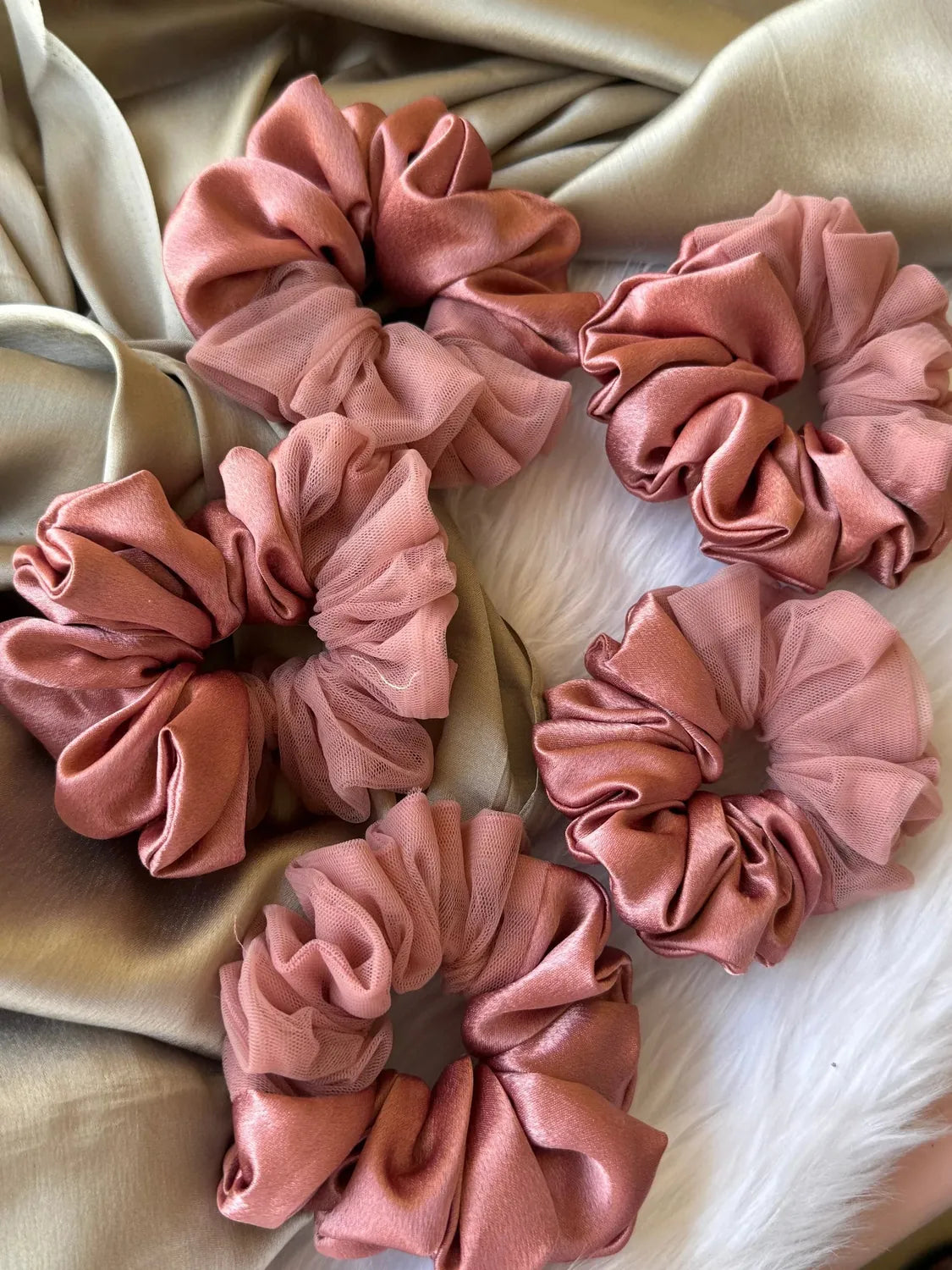 Bows and Bags India | Coral Pink - Elegant Rose Gold Satin- Net Scrunchie - L size | lifestyle shot | handmade hair accessori
