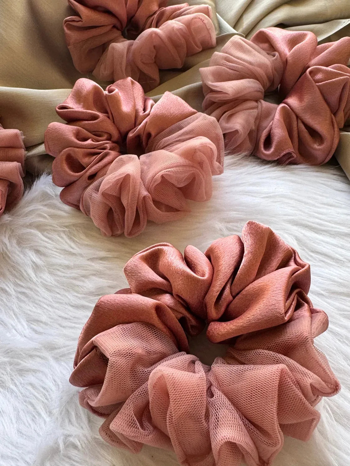 Bows and Bags India | Coral Pink - Elegant Rose Gold Satin- Net Scrunchie - L size | back view | handmade hair accessories In
