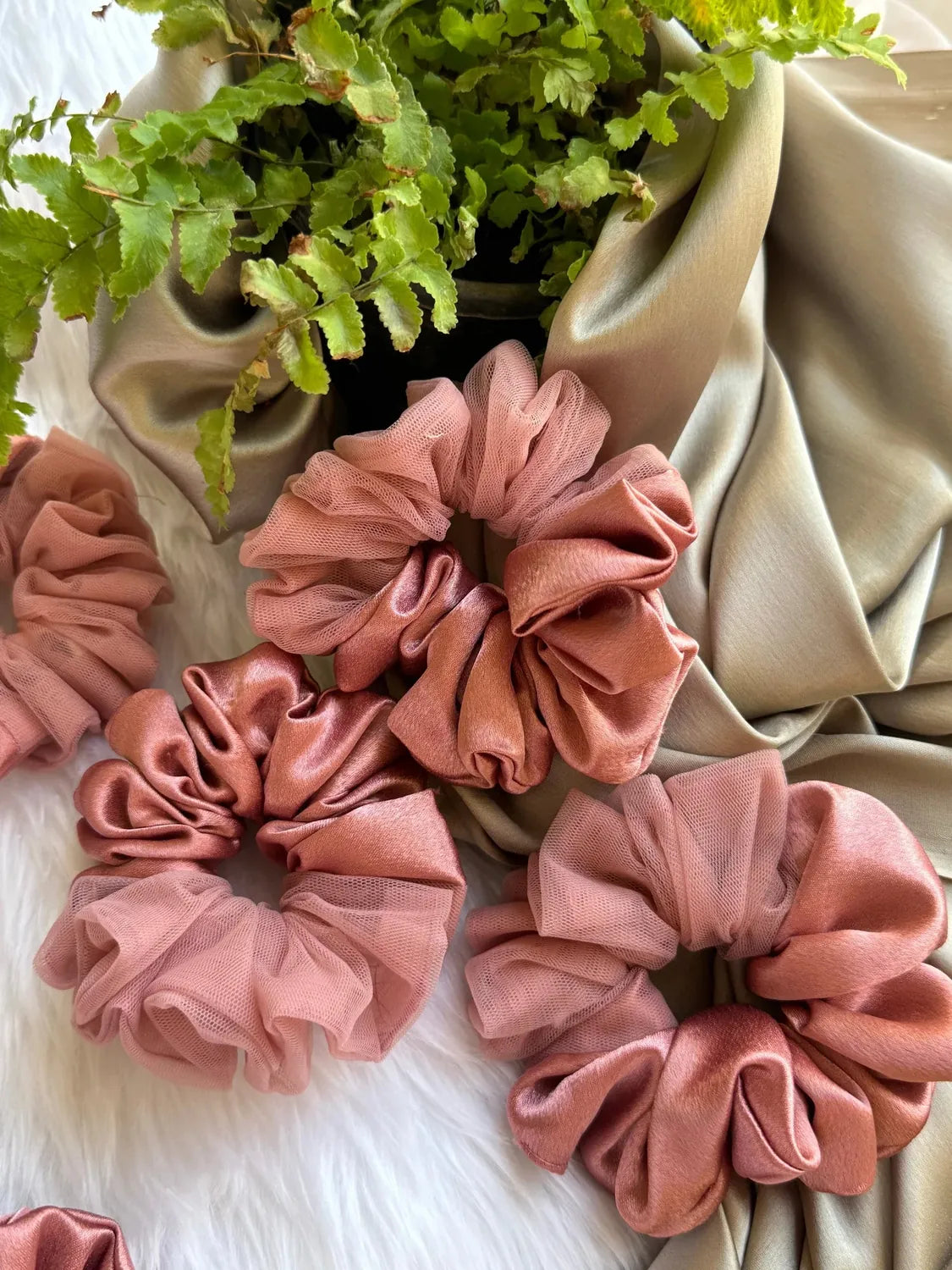 Bows and Bags India | Coral Pink - Elegant Rose Gold Satin- Net Scrunchie - L size | front view | handmade hair accessories I