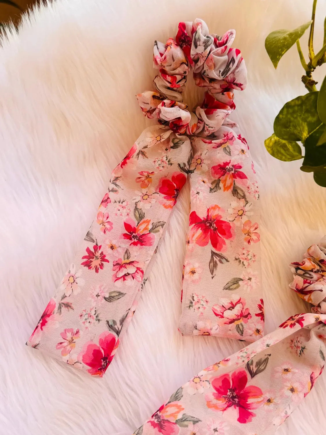 Bows and Bags India | Cosmos bloom - Floral Pink Georgette Tail Scrunchie | side view | handmade hair accessories India