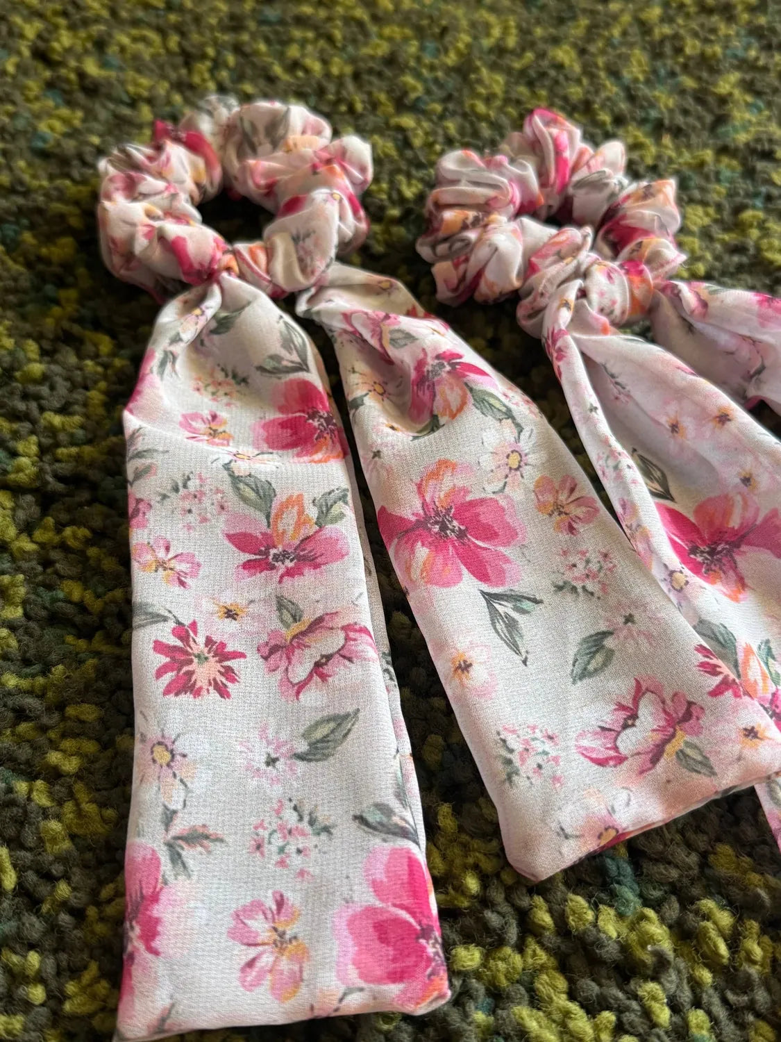 Bows and Bags India | Cosmos bloom - Floral Pink Georgette Tail Scrunchie | detail view | handmade hair accessories India
