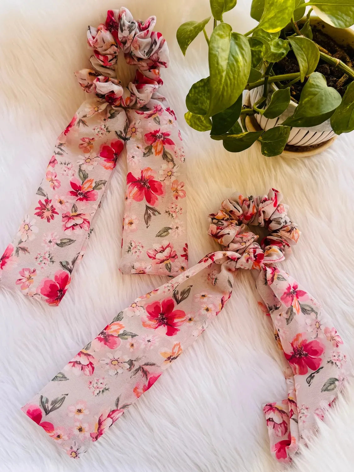 Bows and Bags India | Cosmos bloom - Floral Pink Georgette Tail Scrunchie | in use | handmade hair accessories India