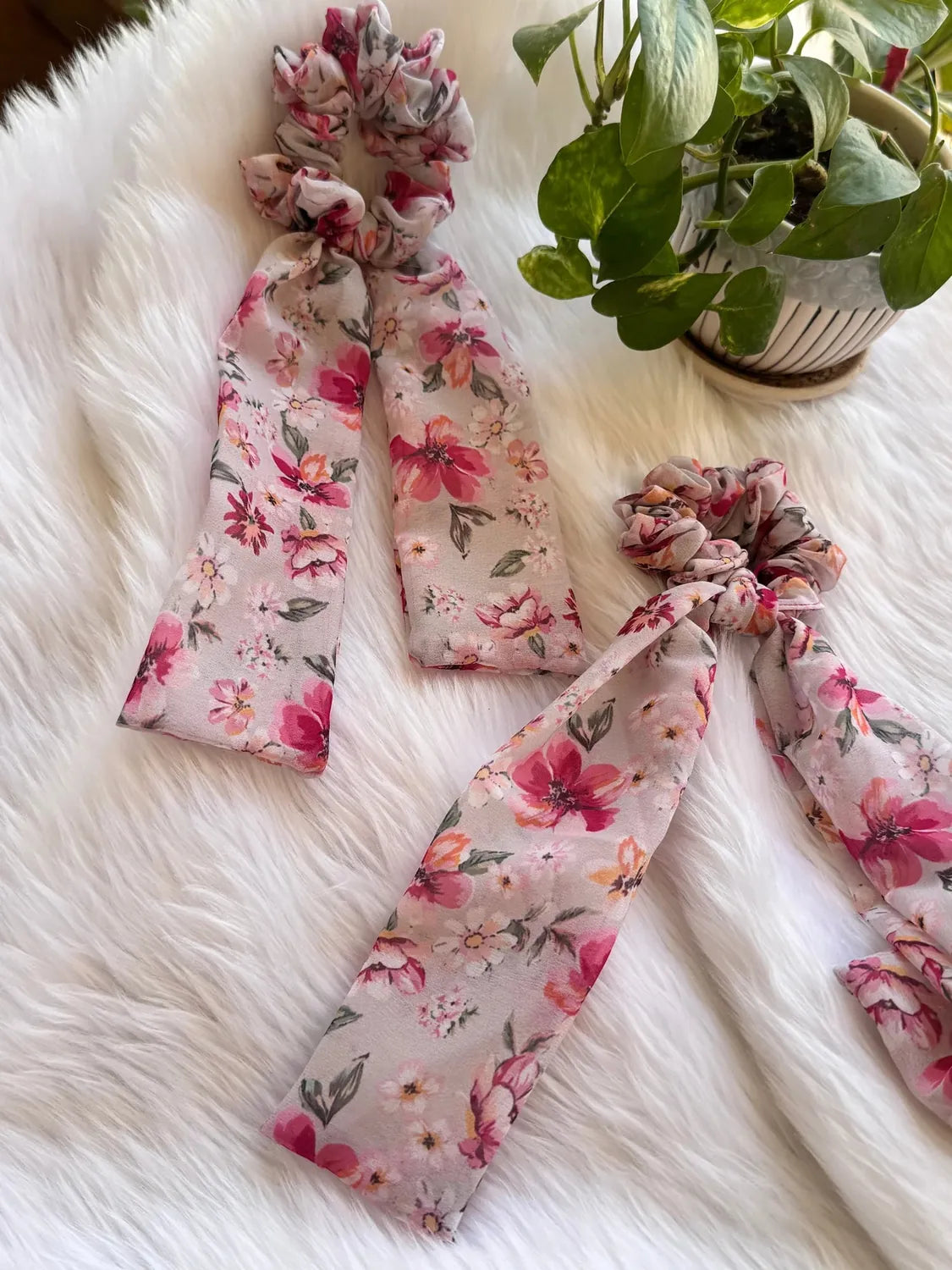 Bows and Bags India | Cosmos bloom - Floral Pink Georgette Tail Scrunchie | texture closeup | handmade hair accessories India