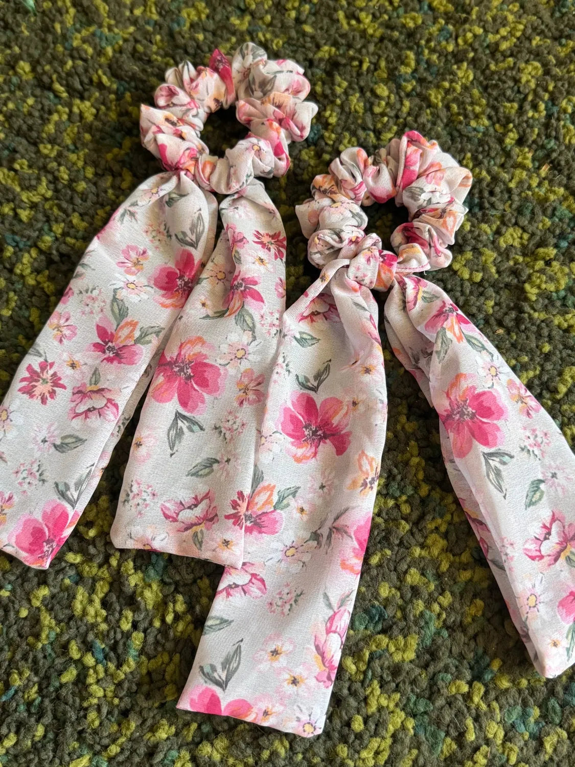 Bows and Bags India | Cosmos bloom - Floral Pink Georgette Tail Scrunchie | lifestyle shot | handmade hair accessories India