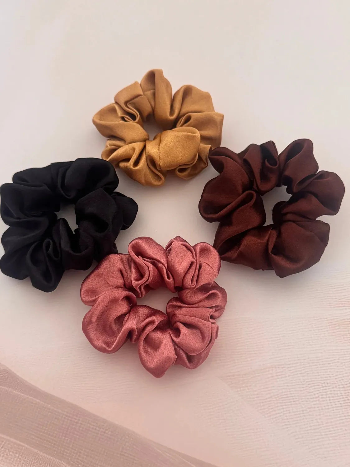 Bows and Bags India | Daily care dose - Pack of 4 Satin Scrunchies | detail view | handmade hair accessories India