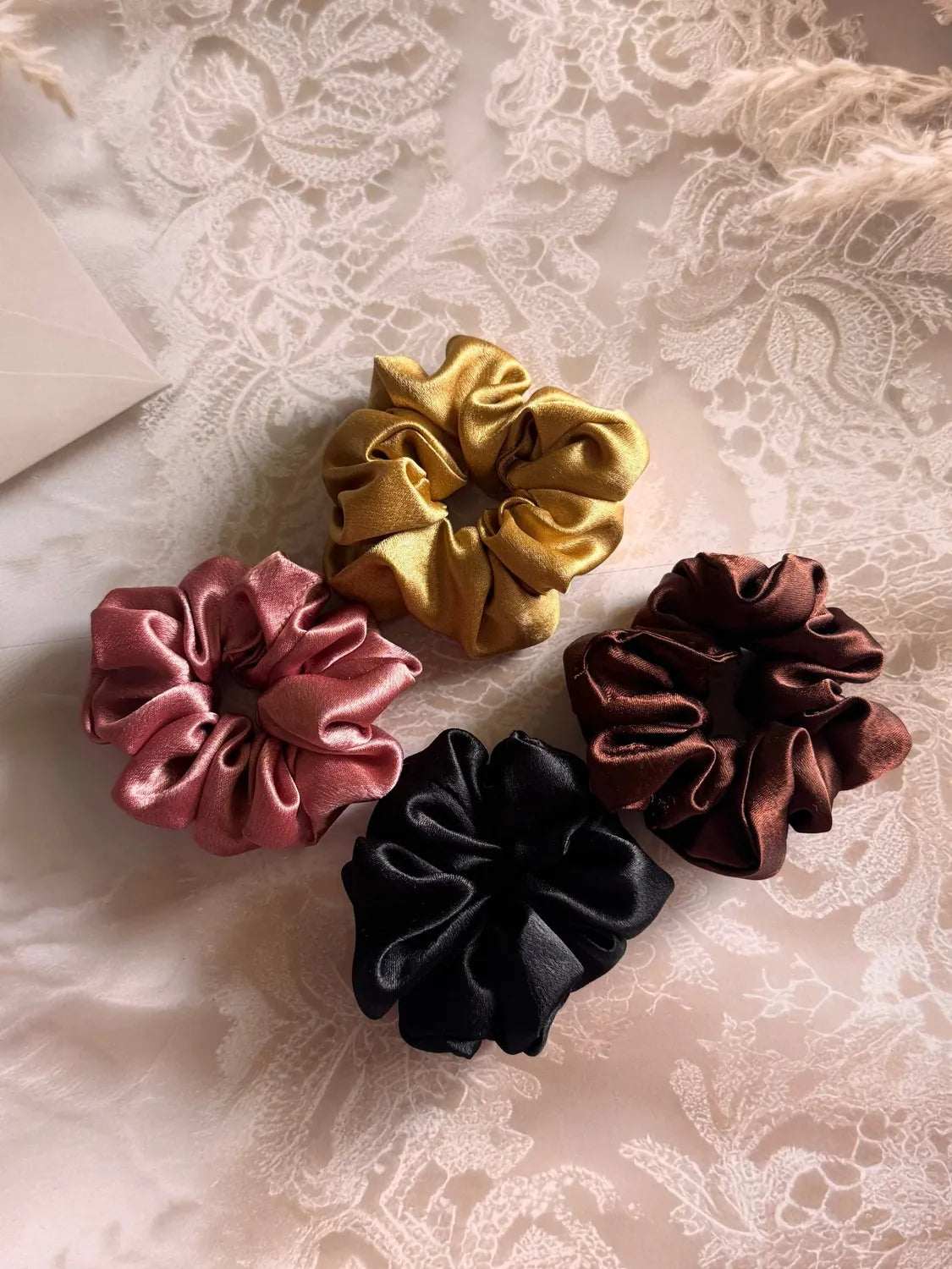 Bows and Bags India | Daily care dose - Pack of 4 Satin Scrunchies | detail view | handmade hair accessories India