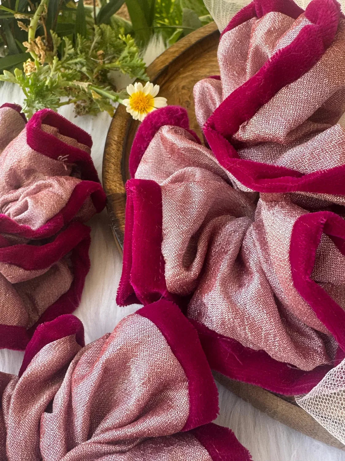 Bows and Bags India | Damask Roses -Silk and Velvet Scrunchie | detail view | handmade hair accessories India