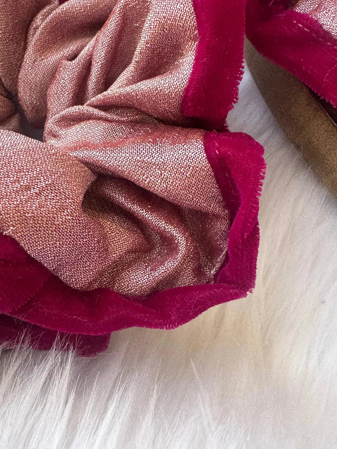 Bows and Bags India | Damask Roses -Silk and Velvet Scrunchie | detail view | handmade hair accessories India