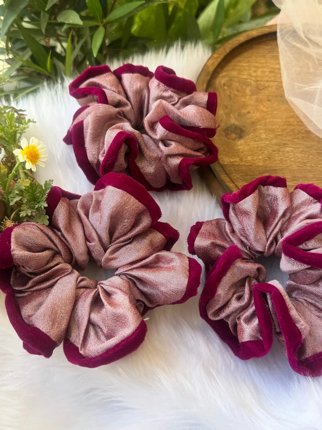 Bows and Bags India | Damask Roses -Silk and Velvet Scrunchie | texture closeup | handmade hair accessories India