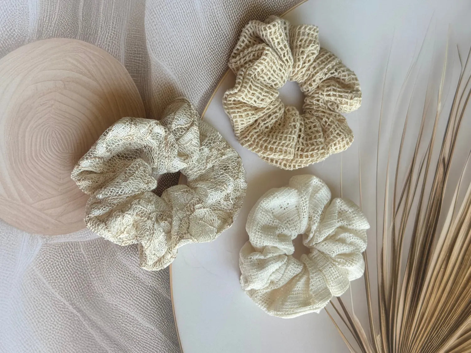 Dune Trio handmade net mesh scrunchies in cream and beige tones with dried pampas grass styling by Bows and Bags India