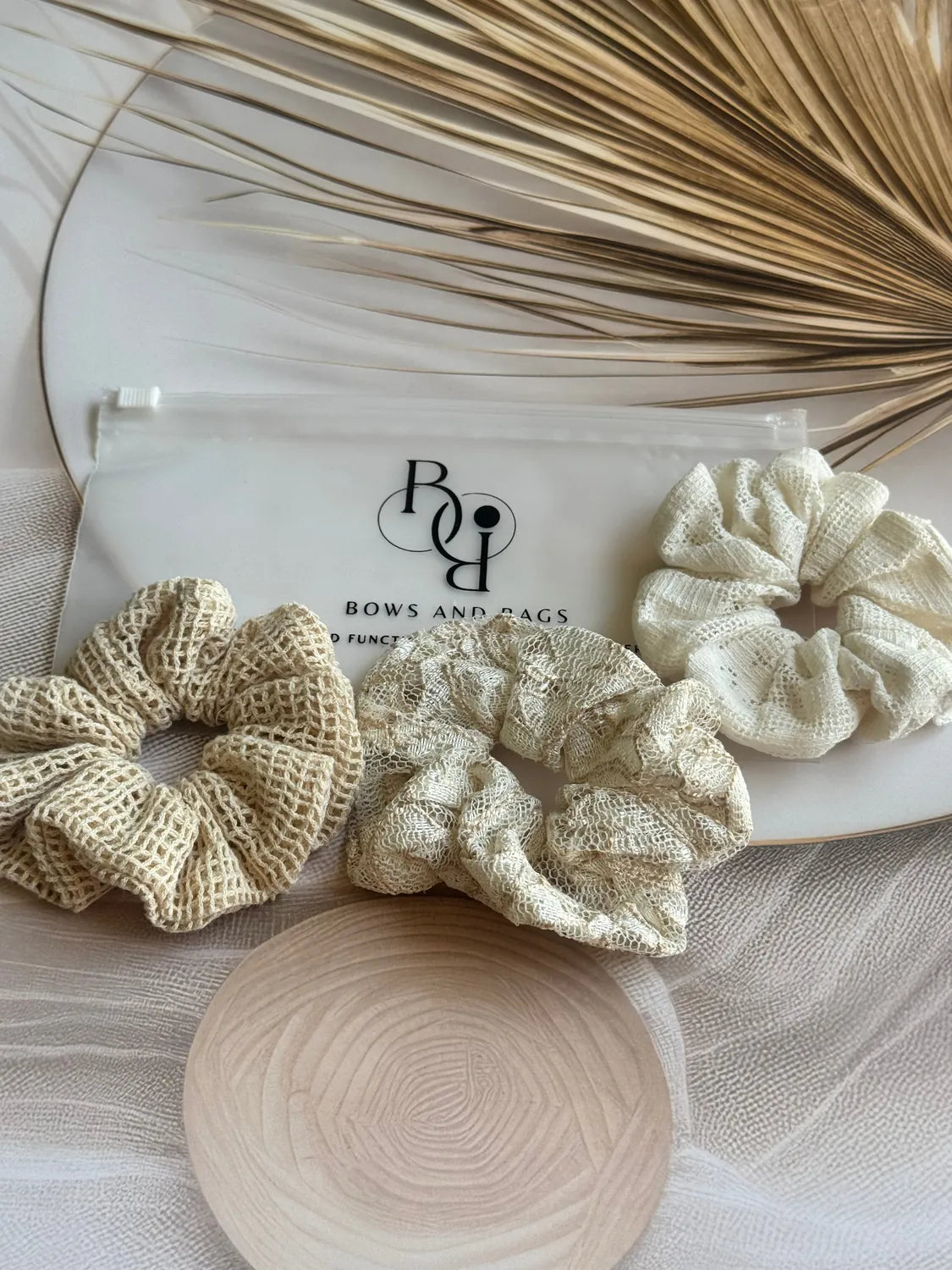 Three handmade net mesh scrunchies in cream and beige tones from Bows and Bags India Dune Trio boho hair accessories set