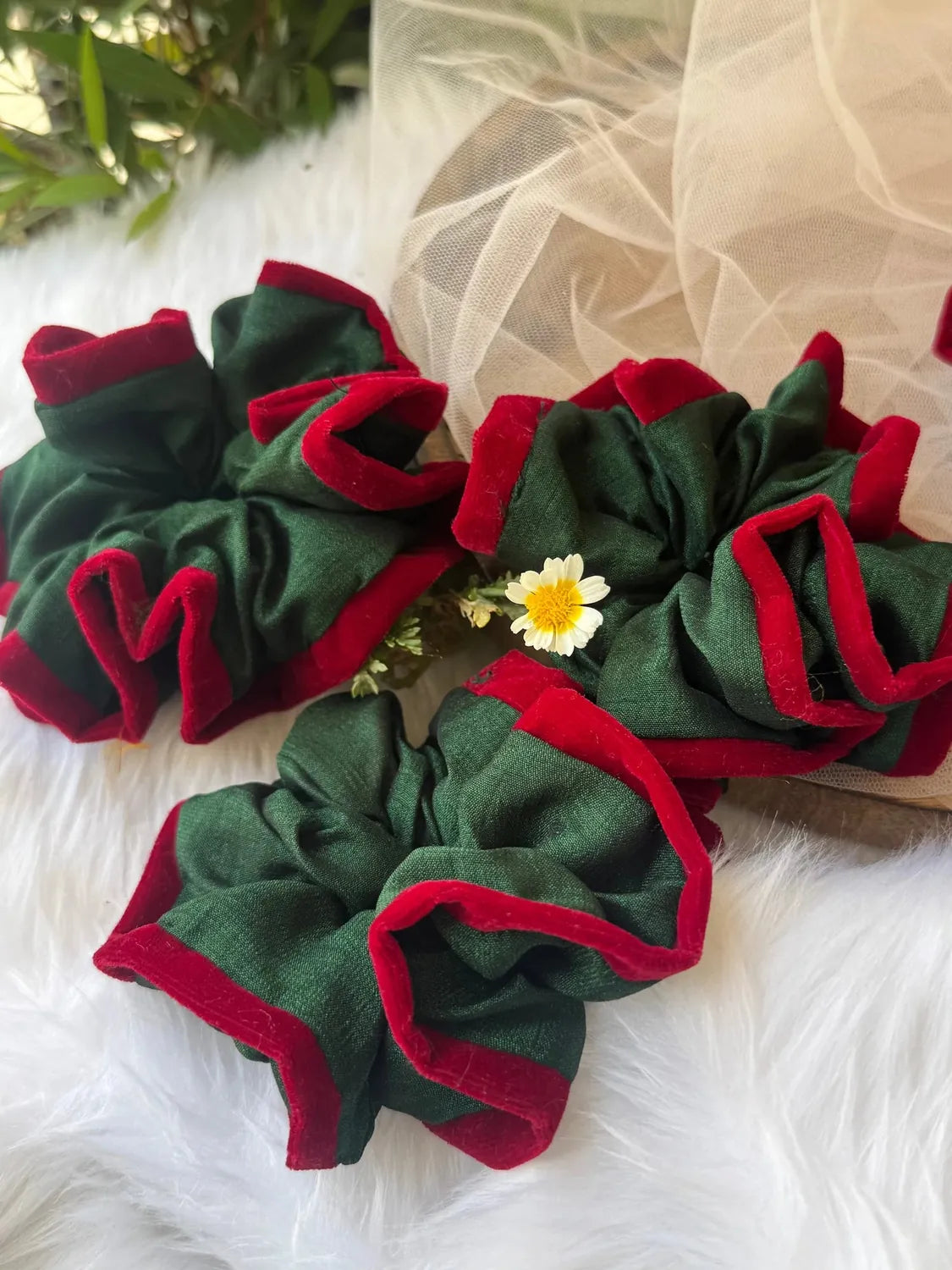 Bows and Bags India | Emerald Ruby -Silk and Velvet Scrunchie | front view | handmade hair accessories India