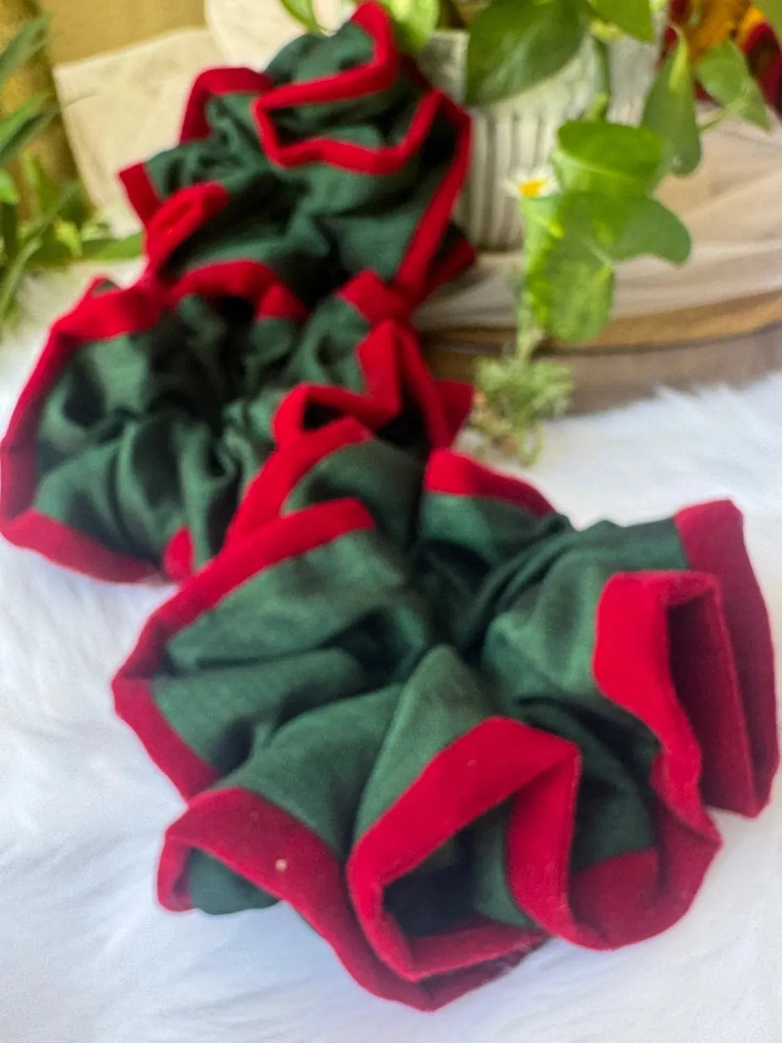 Bows and Bags India | Emerald Ruby -Silk and Velvet Scrunchie | side view | handmade hair accessories India