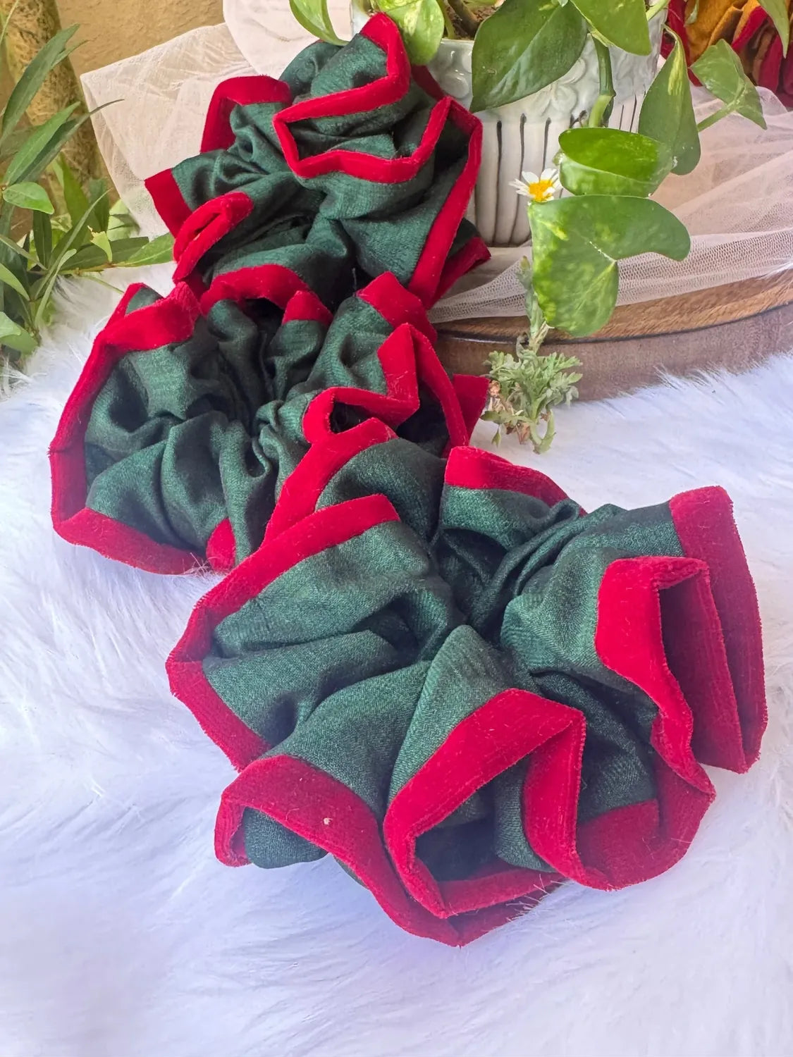 Bows and Bags India | Emerald Ruby -Silk and Velvet Scrunchie | detail view | handmade hair accessories India