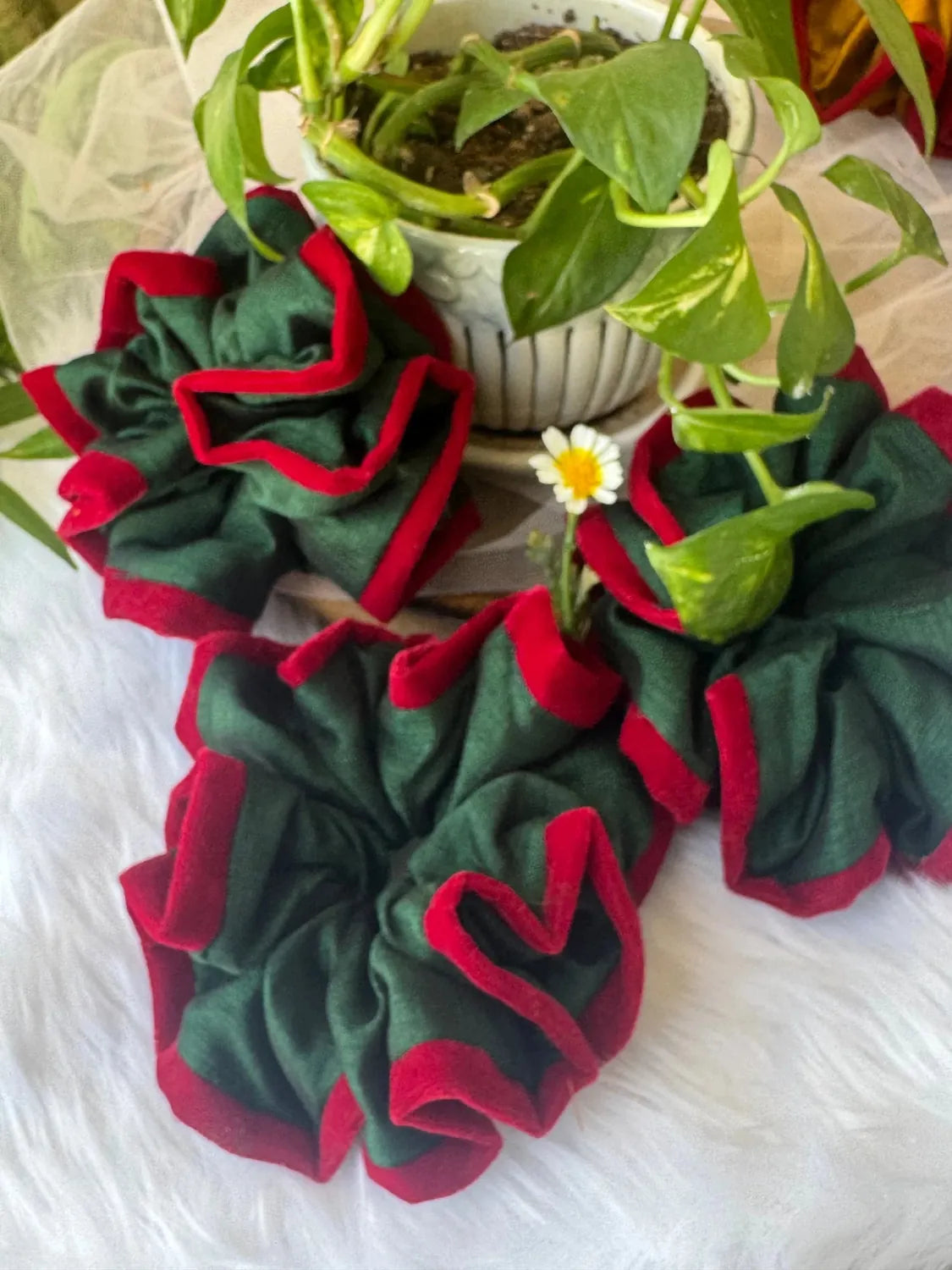 Bows and Bags India | Emerald Ruby -Silk and Velvet Scrunchie | in use | handmade hair accessories India