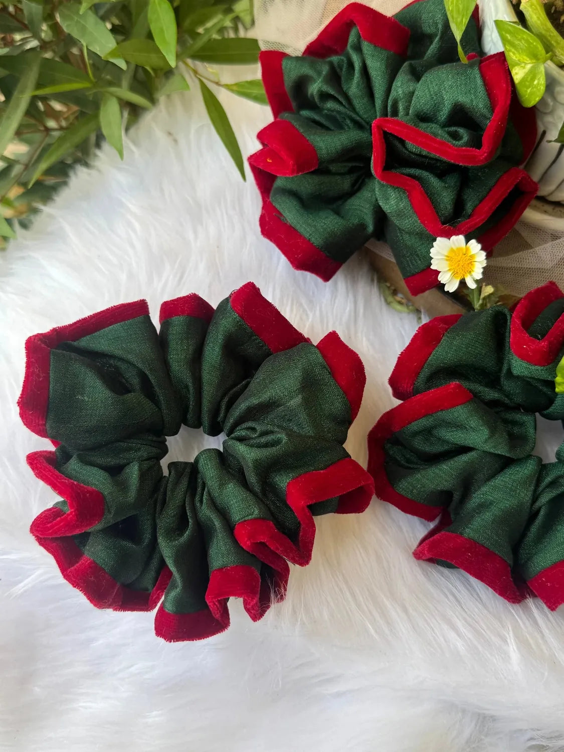 Bows and Bags India | Emerald Ruby -Silk and Velvet Scrunchie | packaging | handmade hair accessories India
