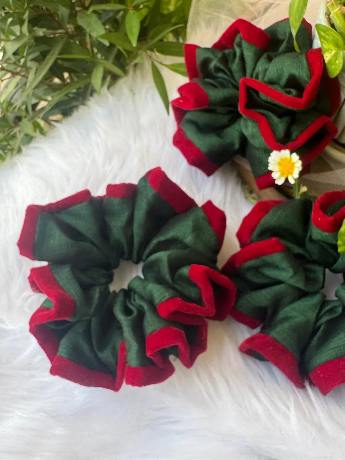 Bows and Bags India | Emerald Ruby -Silk and Velvet Scrunchie | texture closeup | handmade hair accessories India