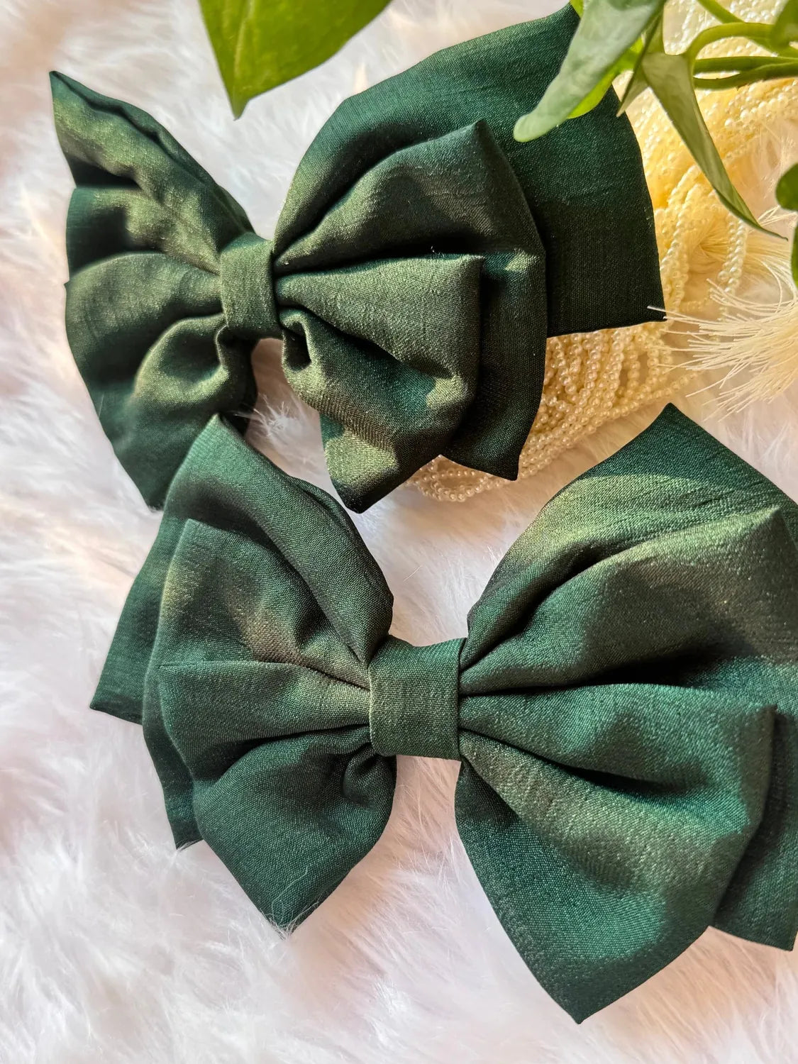 Bows and Bags India | Forrest Green - Silk Hair Bow | detail view | handmade hair accessories India