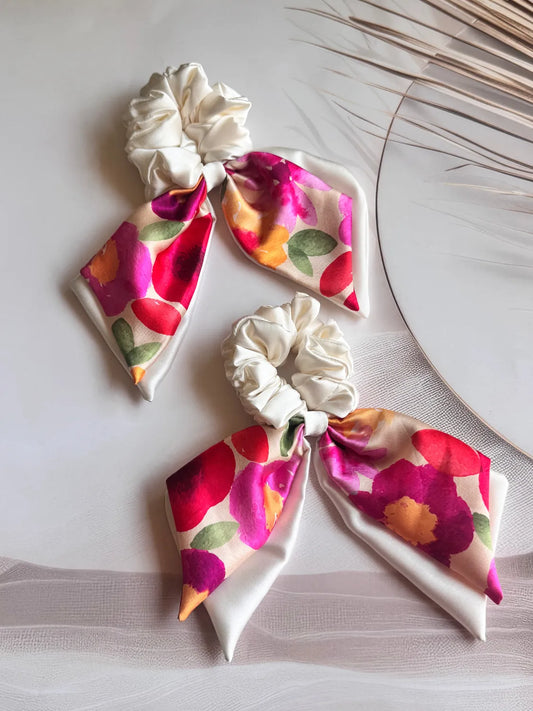 Garden Bloom floral satin bow scrunchies with dual long tails by Bows and Bags India, handmade hair accessories in pink and