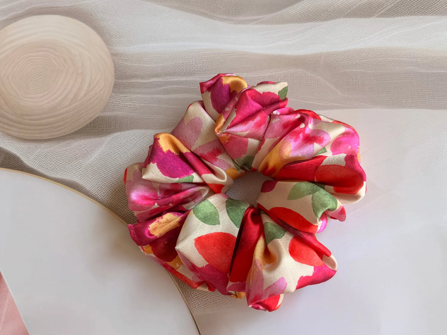 Garden Bloom floral print XL oversized satin scrunchie by Bows and Bags India, handmade with vibrant red and pink botanical