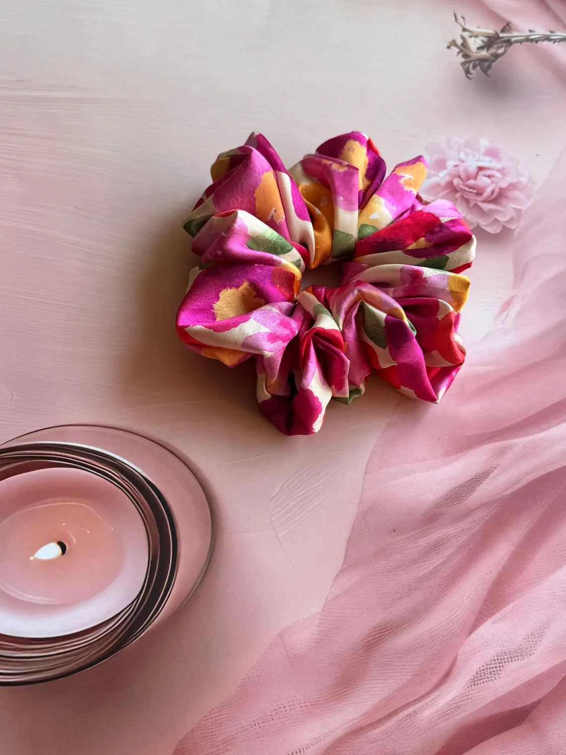 Garden Bloom floral print XL satin scrunchie by Bows and Bags India, pink magenta handmade hair accessory styled with candle