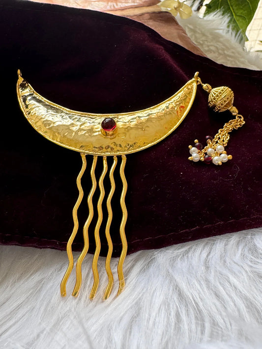 Golden Moon hair pin with hammered gold crescent, red stone, and pearl dangles by Bows and Bags India handmade accessory