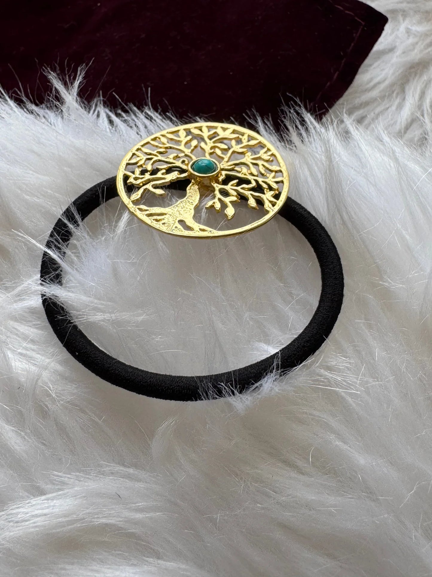 Golden Tree metal rubber band hair tie with turquoise stone on black elastic by Bows and Bags India
