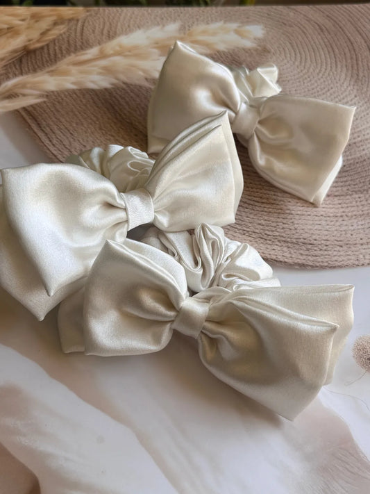 Bows and Bags India | Ivory Luxe Satin Bow Scrunchie | front view | handmade hair accessories India