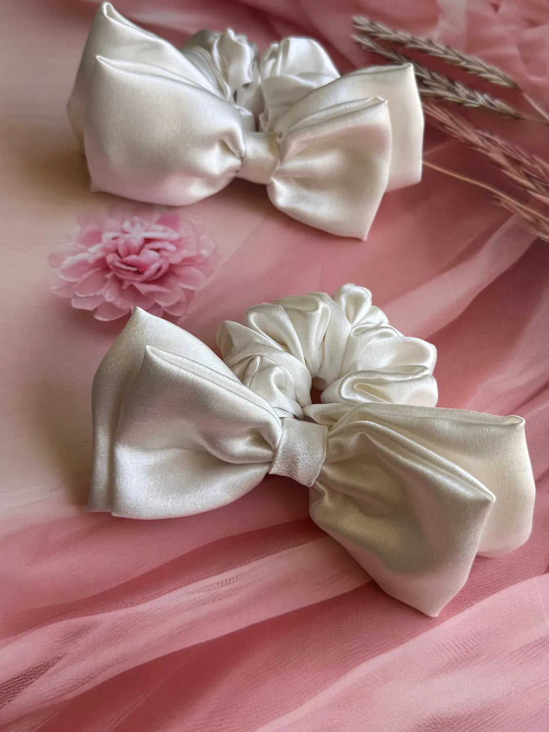 Bows and Bags India | Ivory Luxe Satin Bow Scrunchie | side view | handmade hair accessories India