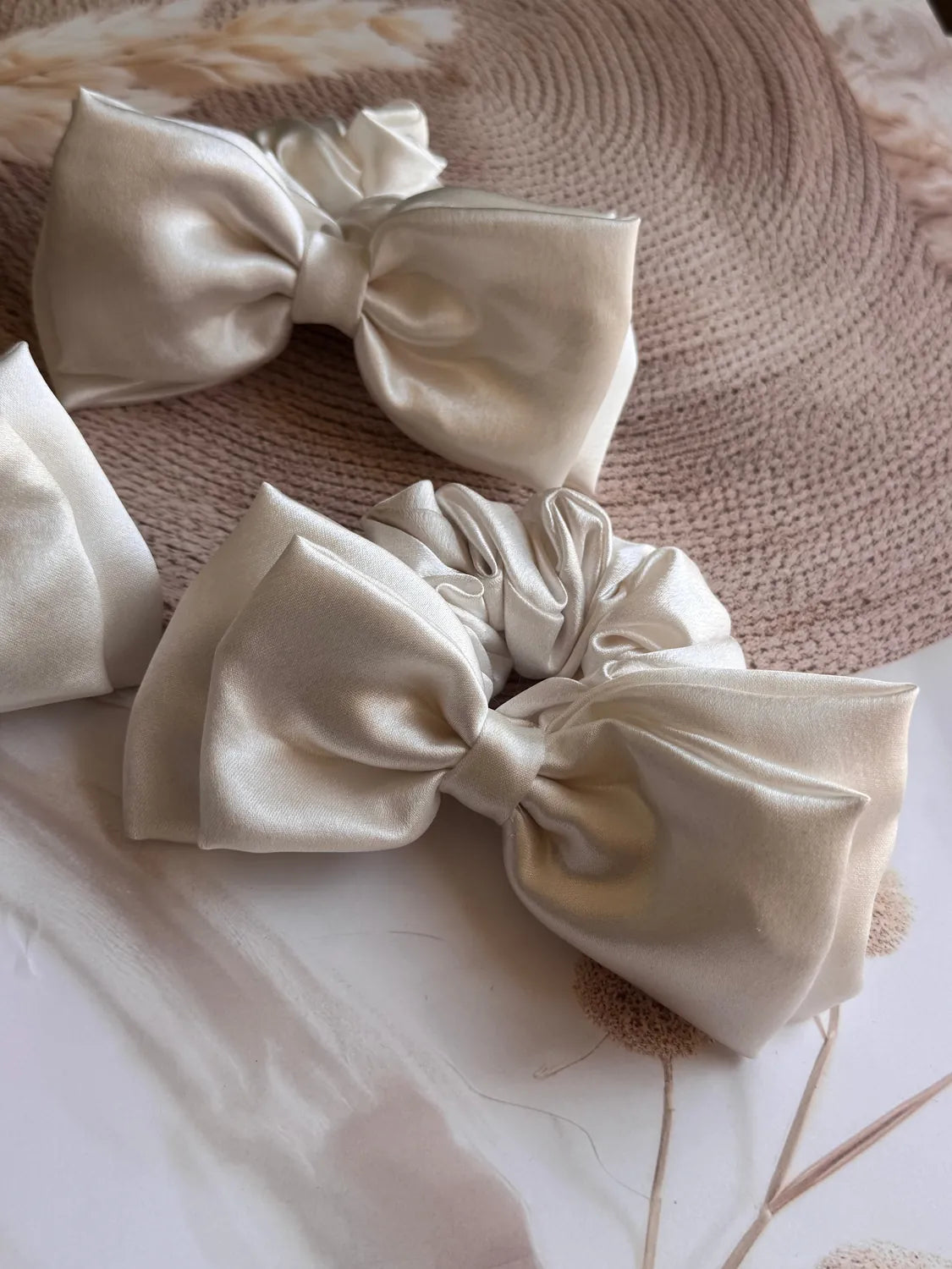 Bows and Bags India | Ivory Luxe Satin Bow Scrunchie | side view | handmade hair accessories India