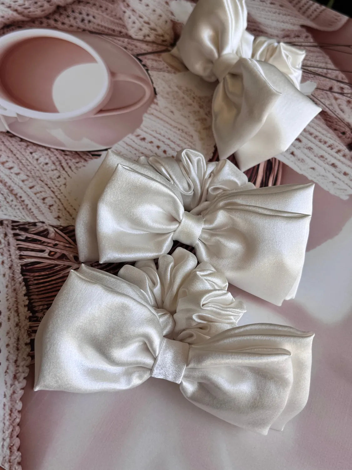 Bows and Bags India | Ivory Luxe Satin Bow Scrunchie | detail view | handmade hair accessories India
