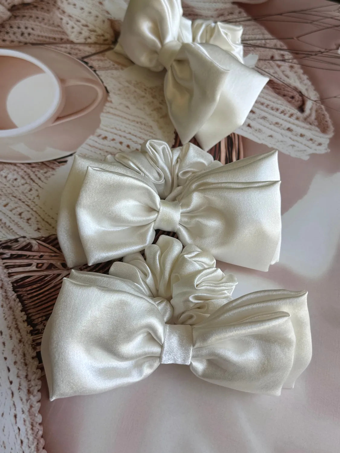 Bows and Bags India | Ivory Luxe Satin Bow Scrunchie | in use | handmade hair accessories India