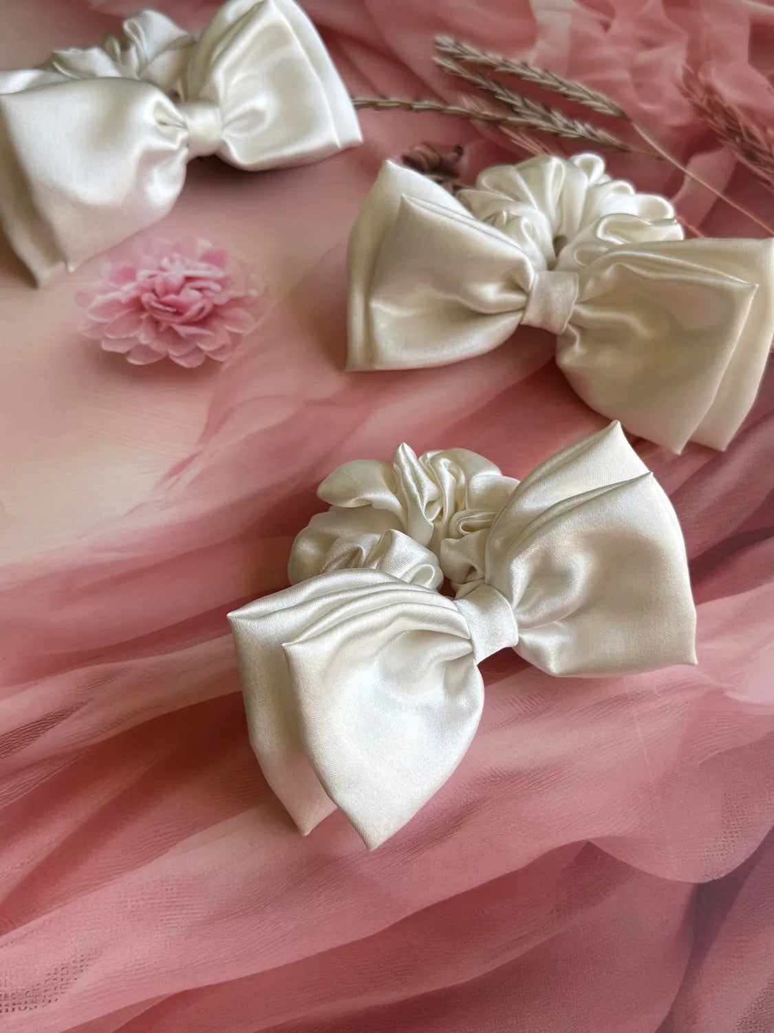 Bows and Bags India | Ivory Luxe Satin Bow Scrunchie | texture closeup | handmade hair accessories India