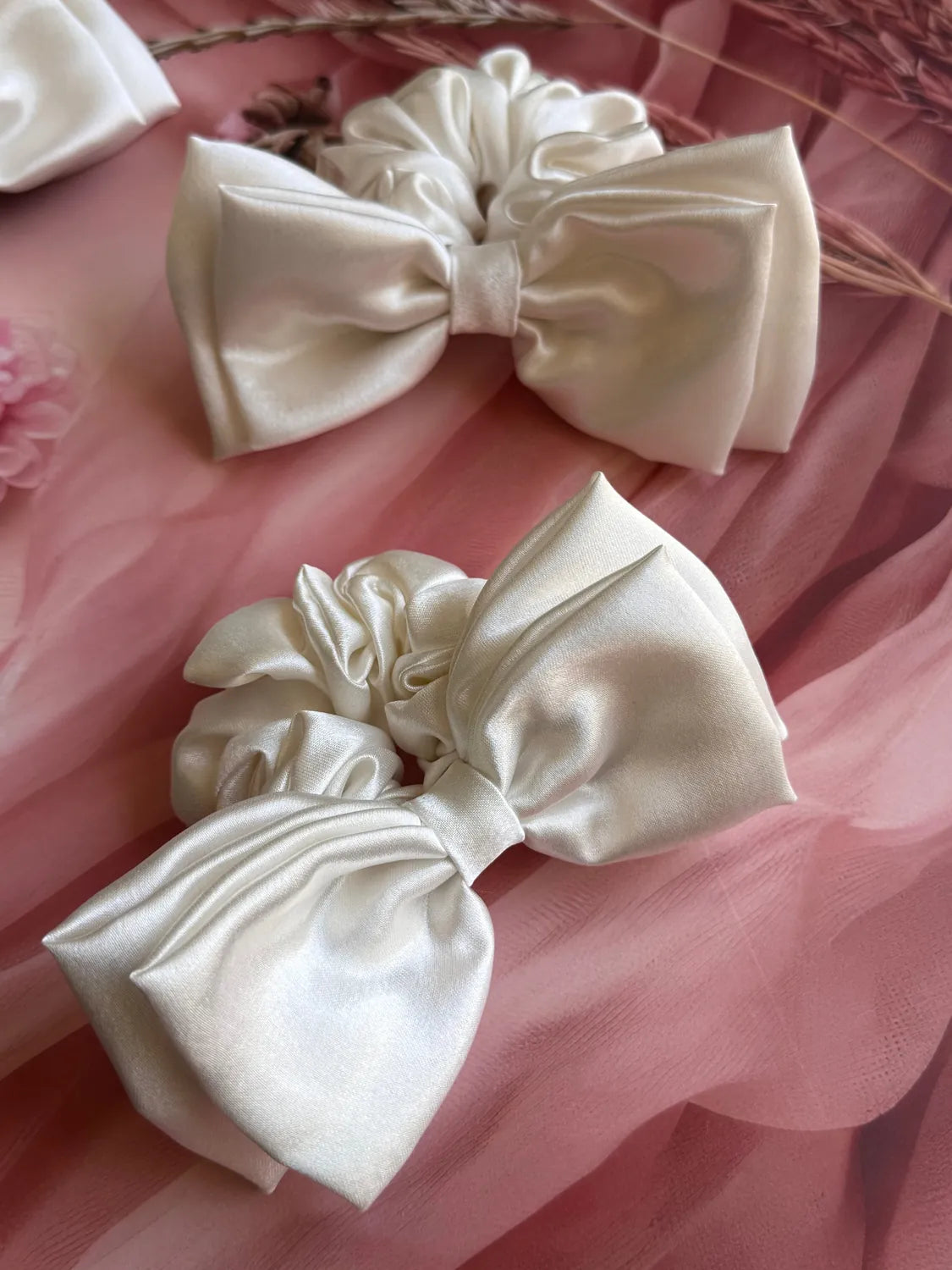 Bows and Bags India | Ivory Luxe Satin Bow Scrunchie | lifestyle shot | handmade hair accessories India