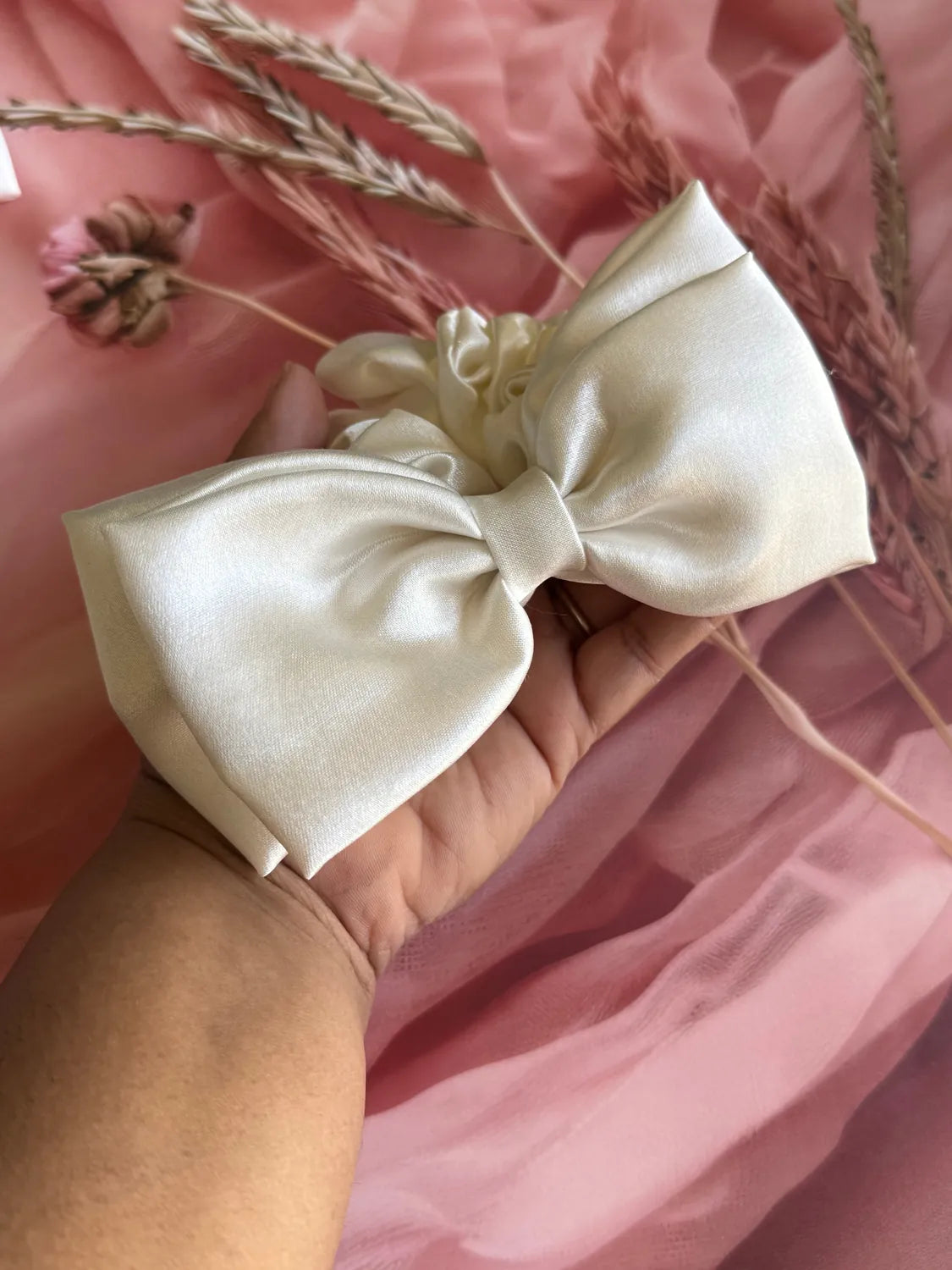 Bows and Bags India | Ivory Luxe Satin Bow Scrunchie | back view | handmade hair accessories India