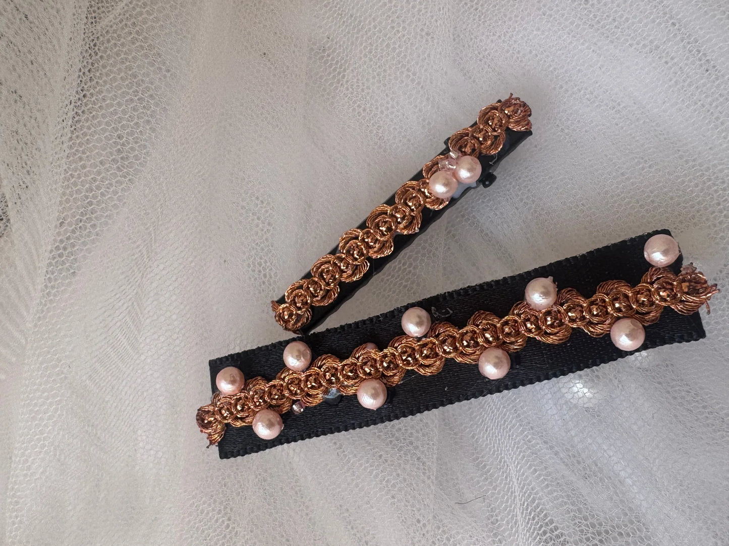 Pearl embroidered hair clip set by Bows and Bags India featuring golden filigree design and lustrous pearls on contrasting