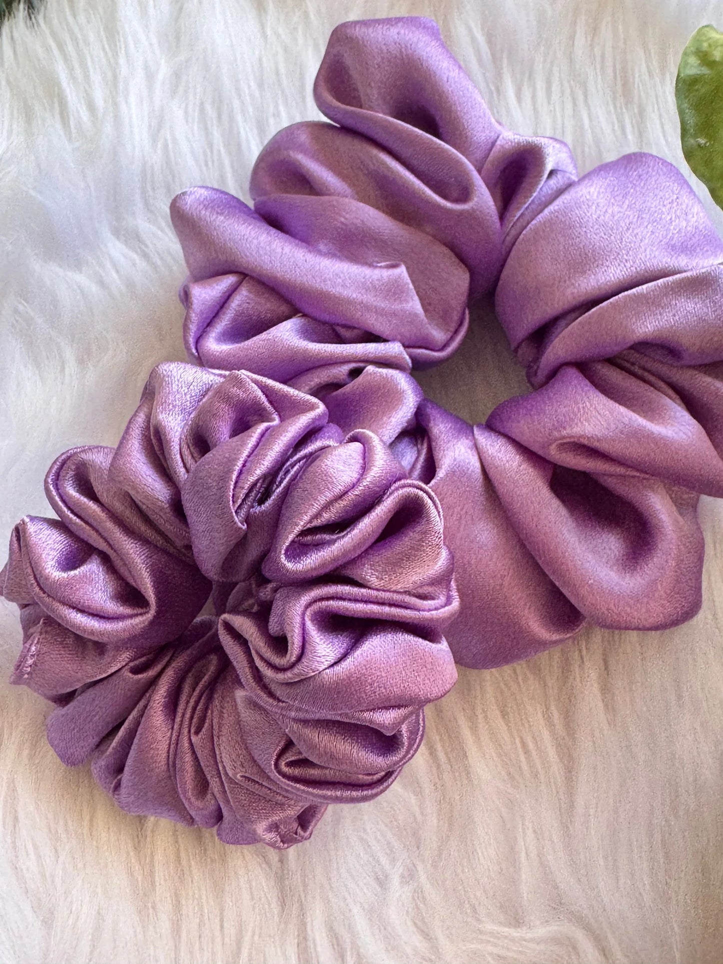 Lavender Duo satin scrunchies combo by Bows and Bags India showing soft fluffy texture and handmade detail on white fur