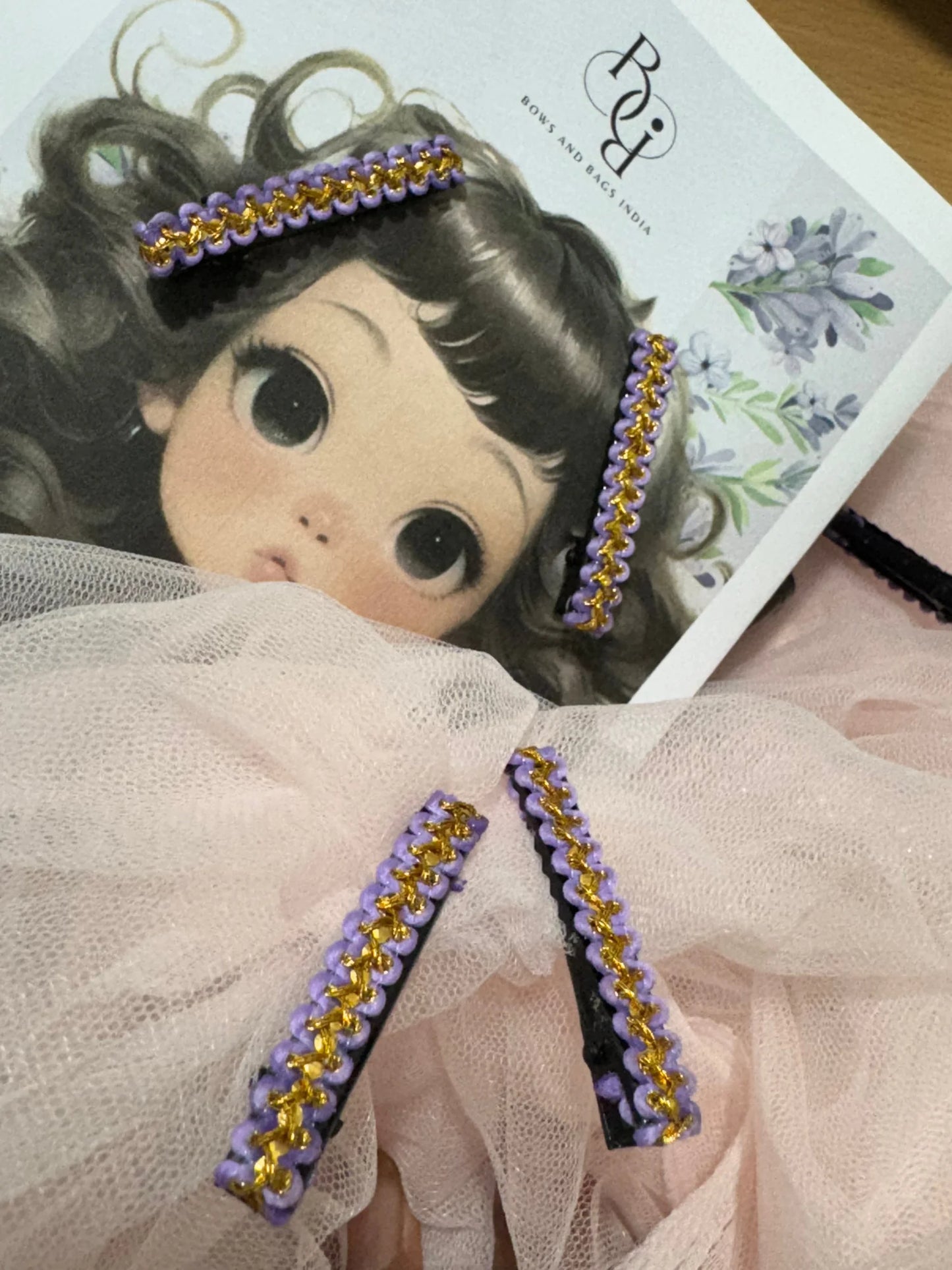 Lavender Paddy hair clip pair with gold beading on tulle styling by Bows and Bags India