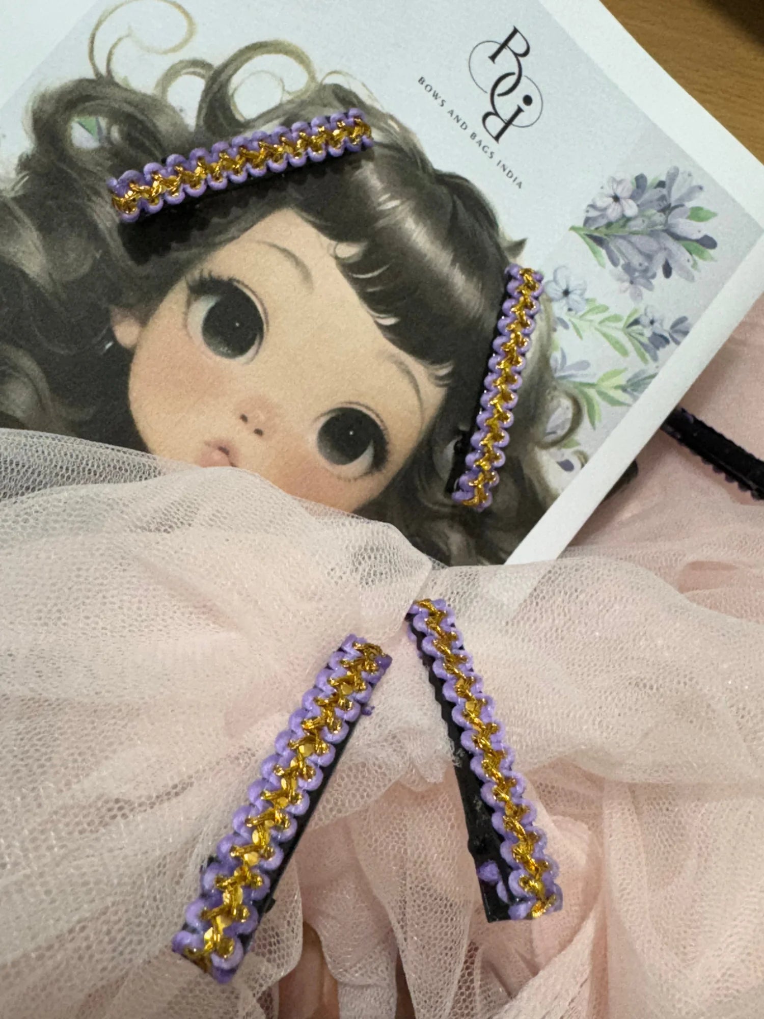 Lavender Paddy hair clip pair with gold beading on tulle styling by Bows and Bags India