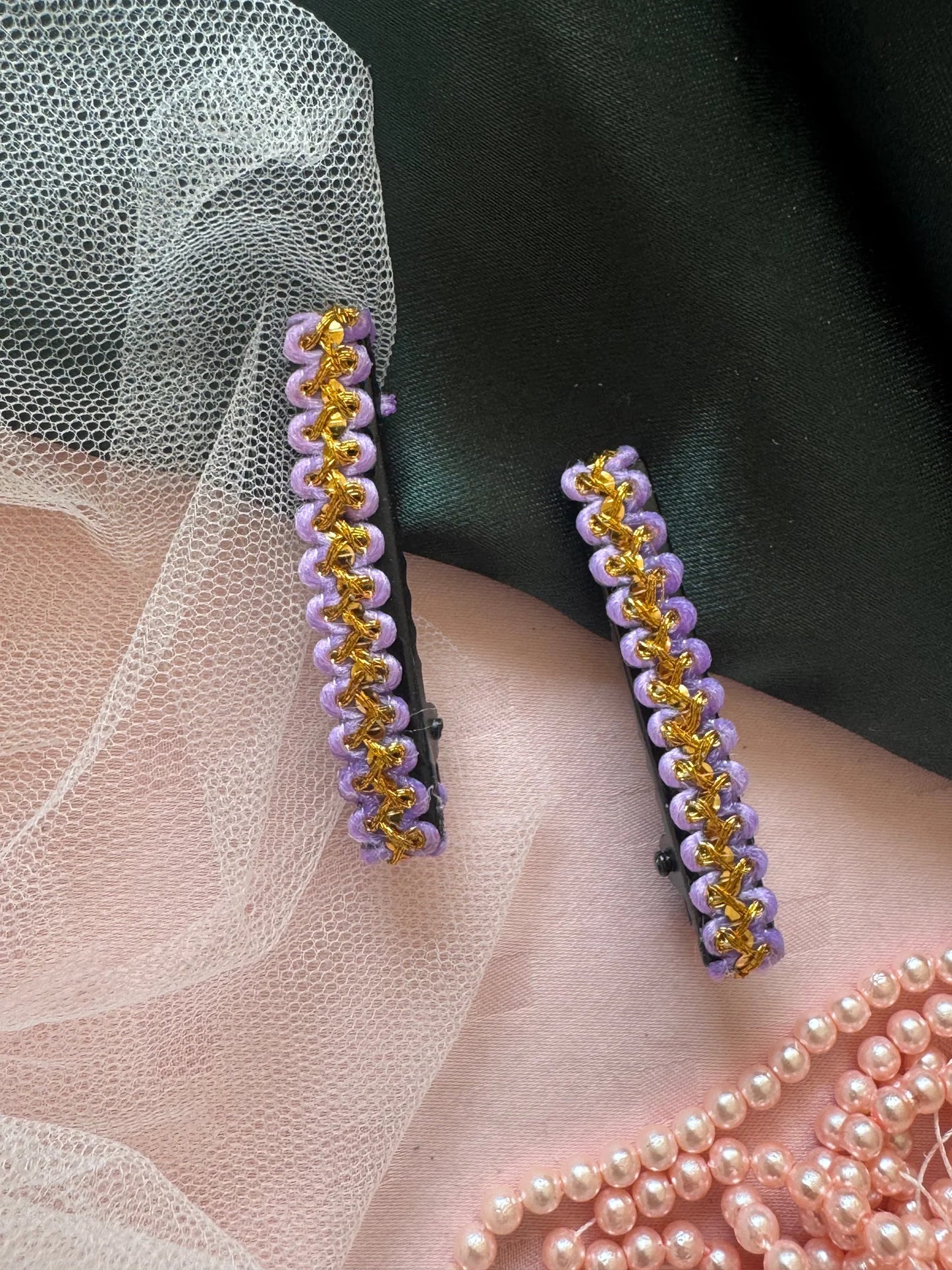 Lavender Paddy handmade hair clips with gold beaded detail worn on model, showcasing paired styling by Bows and Bags India