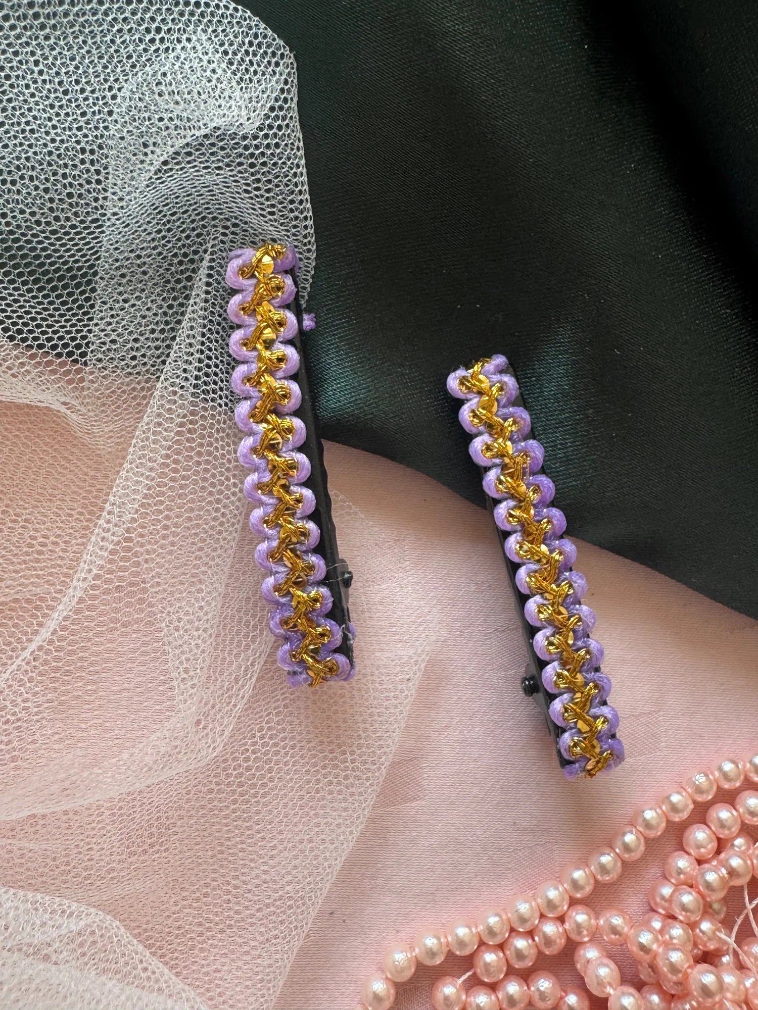 Lavender Paddy handmade hair clips with gold beaded detail worn on model, showcasing paired styling by Bows and Bags India