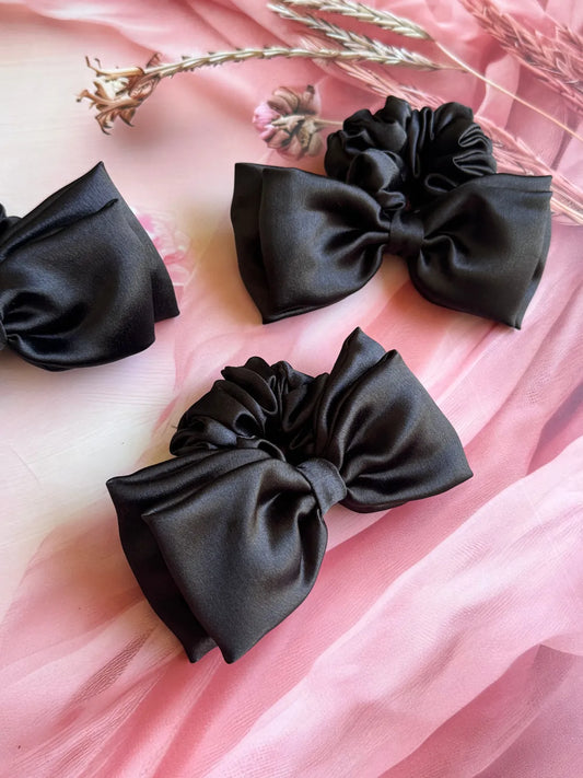 Bows and Bags India | Midnight Satin Bow Scrunchie | front view | handmade hair accessories India