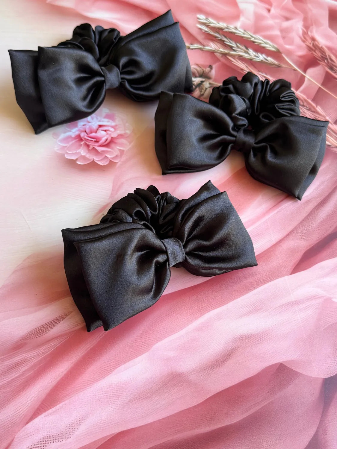 Bows and Bags India | Midnight Satin Bow Scrunchie | side view | handmade hair accessories India