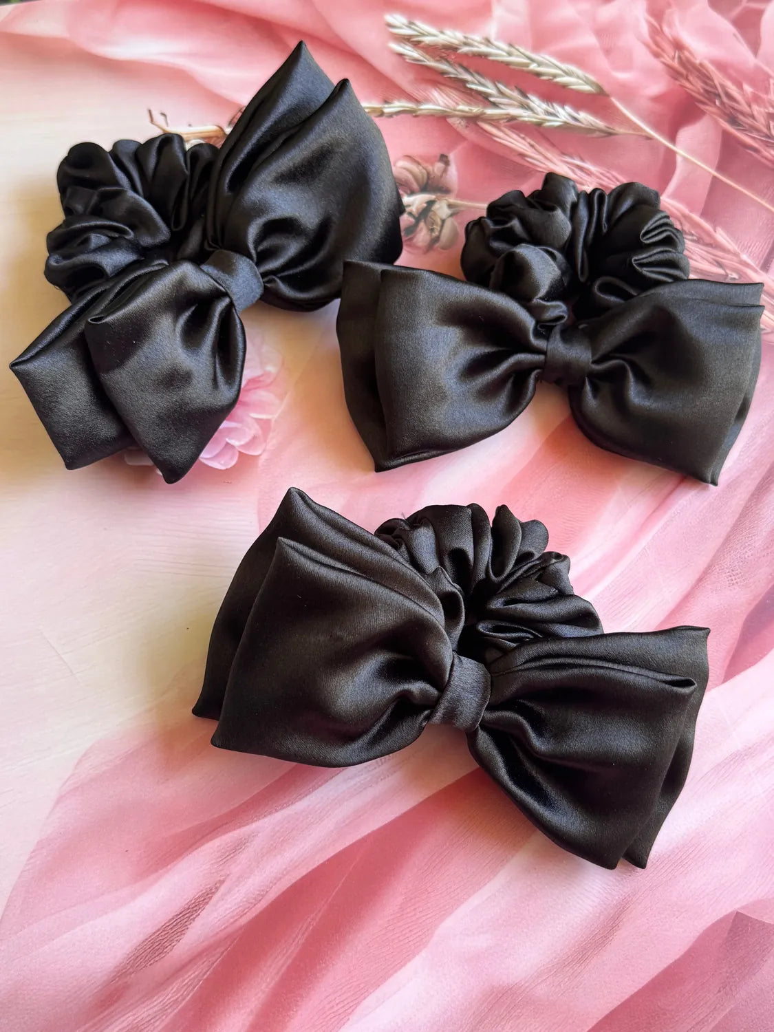 Bows and Bags India | Midnight Satin Bow Scrunchie | detail view | handmade hair accessories India