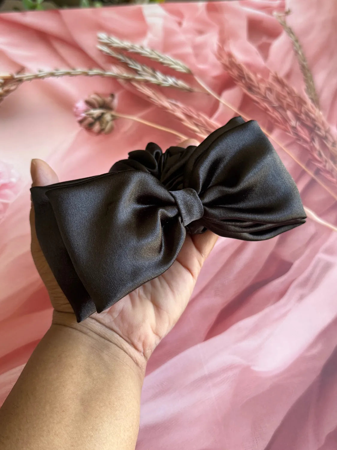 Bows and Bags India | Midnight Satin Bow Scrunchie | in use | handmade hair accessories India