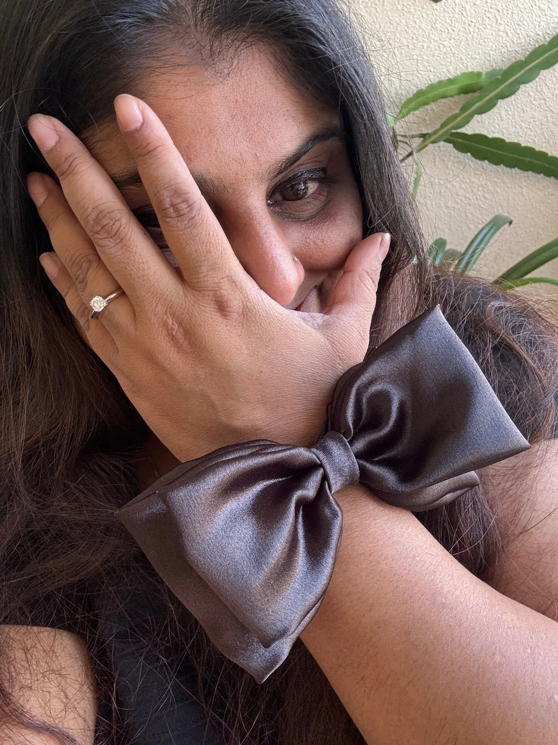 Bows and Bags India | Midnight Satin Bow Scrunchie | texture closeup | handmade hair accessories India