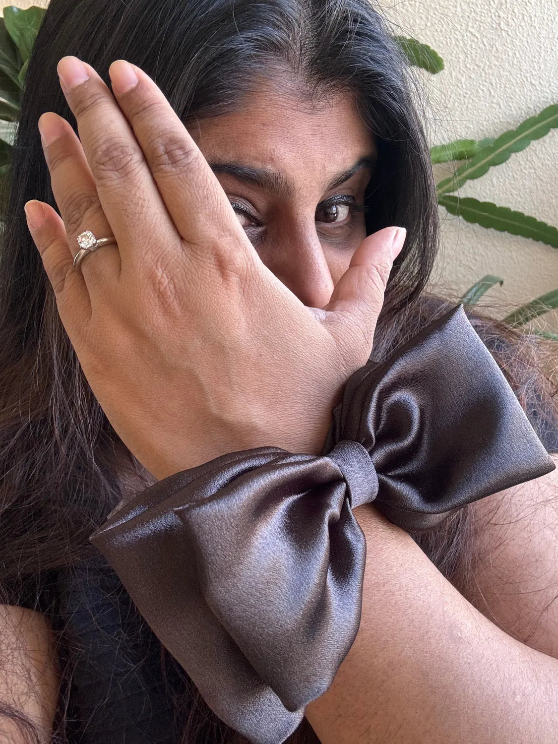 Bows and Bags India | Midnight Satin Bow Scrunchie | lifestyle shot | handmade hair accessories India